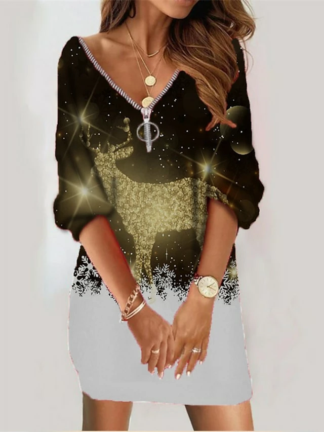 Women‘s Christmas Sweatshirt Dress Winter Dress Short Mini Dress Yellow Gold Red White Black Long Sleeve Cat Santa Claus Elk Zipper Print Fall V Neck Vacation Casual Loose Fit 2022 S M L XL XXL 7 Women‘s Christmas Sweatshirt Dress Winter Dress Short Mini Dress Yellow Gold Red White Black Long Sleeve Cat Santa Claus Elk Zipper Print Fall V Neck Vacation Casual Loose Fit 2022 S M L XL XXL - Image 5