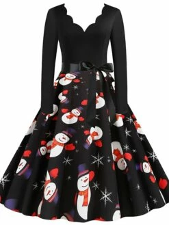 Women's Christmas Knee Length Dress Black Long Sleeve Print Print Winter V Neck Active3D Print S M L XL XXL XXXL -LIGHTINTHEBOX Shop xrpfqd1630900716077