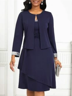 Women's Two Piece Dress Set Work Dress Chiffon Dress Office Date Fashion Elegant Patchwork Midi Dress Crew Neck Long Sleeve Plain Regular Fit Navy Blue Fall Winter S M L XL XXL