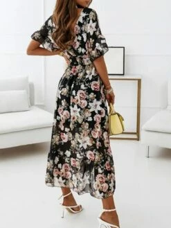 Women's Casual Dress Boho Dress Midi Dress Black White Pink Half Sleeve Floral Print Summer Spring V Neck Vacation 2023 S M L XL XXL -LIGHTINTHEBOX Shop xsgsmi1646036337920