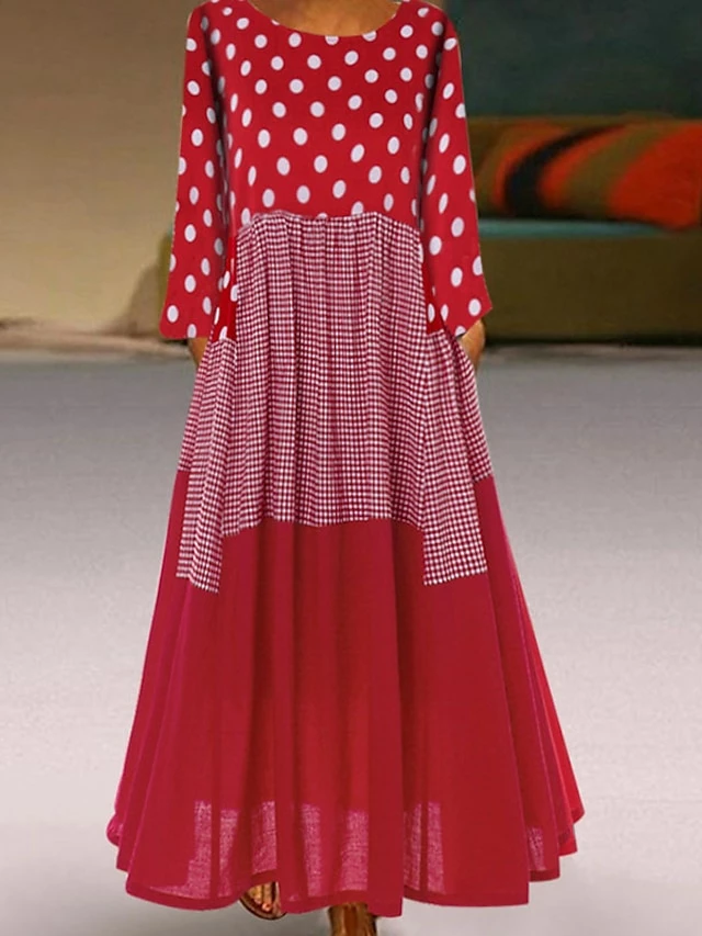 Women‘s Plus Size Curve Holiday Dress Polka Dot Crew Neck Print Long Sleeve Fall Spring Casual Maxi Long Dress Daily Weekend Dress Cotton 4 Women‘s Plus Size Curve Holiday Dress Polka Dot Crew Neck Print Long Sleeve Fall Spring Casual Maxi Long Dress Daily Weekend Dress Cotton - Image 2