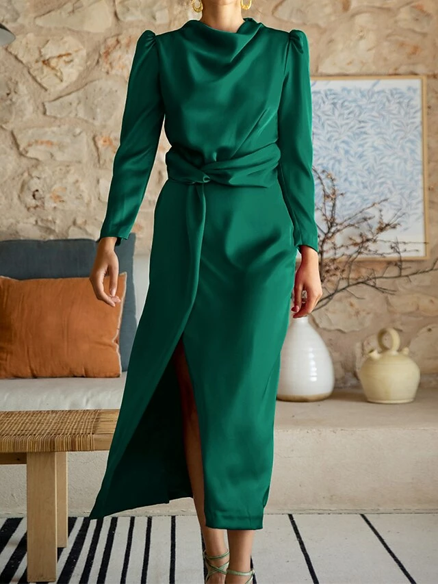 Women's Work Dress Satin Dress Semi Formal Dress Fashion Long Dress Maxi Dress Split Stand Collar Long Sleeve Plain Regular Fit Black Blue Sky Blue Fall Winter S M L XL 8 Women's Work Dress Satin Dress Semi Formal Dress Fashion Long Dress Maxi Dress Split Stand Collar Long Sleeve Plain Regular Fit Black Blue Sky Blue Fall Winter S M L XL - Image 6