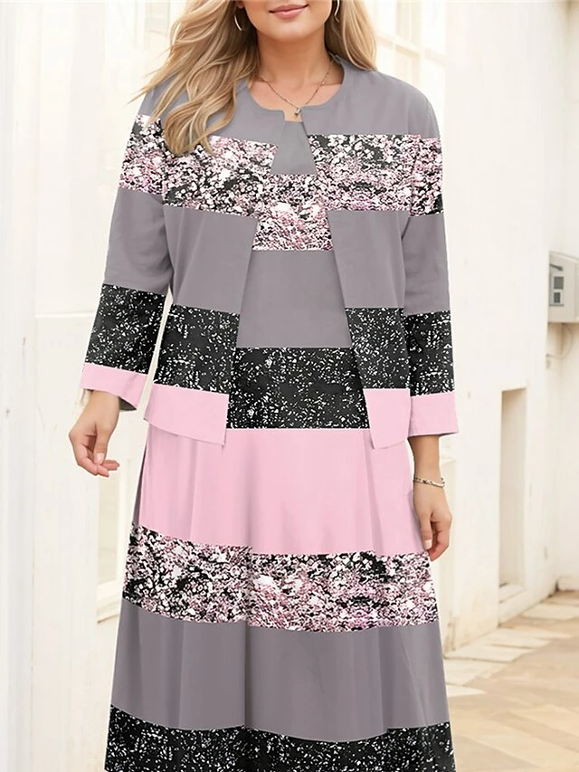 Women's Plus Size Curve Casual Dress Dress Set Two Piece Dress Stripe Midi Dress Long Sleeve Print Crew Neck Fashion Outdoor Pink Fall Winter L XL XXL 3XL 4XL 4 Women's Plus Size Curve Casual Dress Dress Set Two Piece Dress Stripe Midi Dress Long Sleeve Print Crew Neck Fashion Outdoor Pink Fall Winter L XL XXL 3XL 4XL - Image 2
