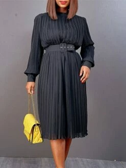 Women's Work Dress Casual Dress Black Dress Fashion Office Daily Workfashion Midi Dress Lace Up Pleated Crew Neck Long Sleeve Plain Regular Fit Black White Red Fall Winter S M L XL XXL -LIGHTINTHEBOX Shop xtwudv1695645184014