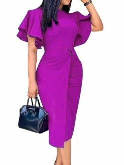 Women's Party Dress Shift Dress Green Dress Midi Dress Wine Blue Purple Short Sleeve Pure Color Ruffle Summer Spring Crew Neck Stylish Slim 2023 S M L XL XXL 3XL -LIGHTINTHEBOX Shop xudmhj1646992295664