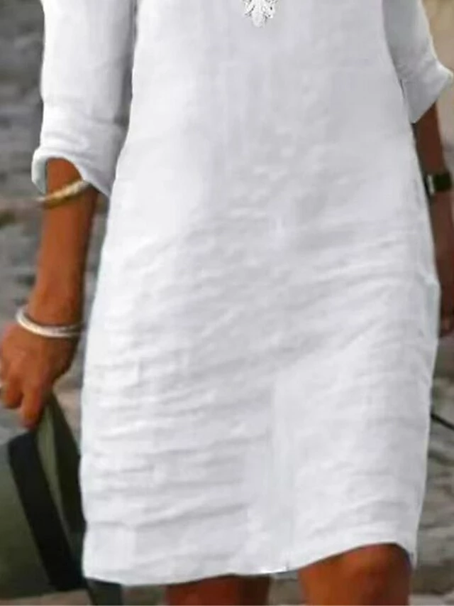 Women's Casual Dress Cotton Linen Dress Lace Dress Midi Dress Polyester Basic Classic Outdoor Daily Vacation V Neck Lace Patchwork 3/4 Length Sleeve Summer Spring Fall 2023 Regular Fit White Plain S 5 Women's Casual Dress Cotton Linen Dress Lace Dress Midi Dress Polyester Basic Classic Outdoor Daily Vacation V Neck Lace Patchwork 3/4 Length Sleeve Summer Spring Fall 2023 Regular Fit White Plain S - Image 3