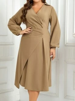 Women's Plus Size Curve Work Dress A Line Dress Plain Midi Dress Long Sleeve Ruched V Neck Fashion Office Khaki Fall Winter XL XXL 3XL 4XL -LIGHTINTHEBOX Shop xukghf1695279807275