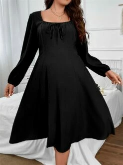Women's Plus Size Curve Party Dress Cocktail Dress Black Dress Midi Dress Black Long Sleeve Pure Color Lace Up Spring Fall Winter Square Neck Fashion Winter Dress Birthday Wedding Guest XL XXL 3XL