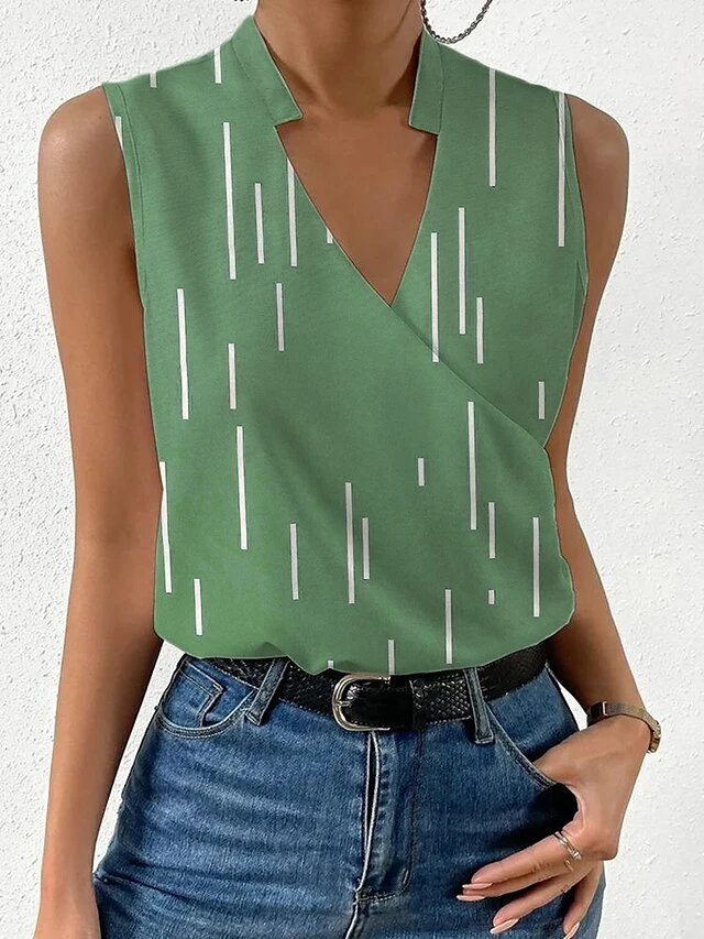 Women's Tank Top Black Green Striped Print Sleeveless Casual Basic V Neck Regular Fit 4 Women's Tank Top Black Green Striped Print Sleeveless Casual Basic V Neck Regular Fit - Image 2