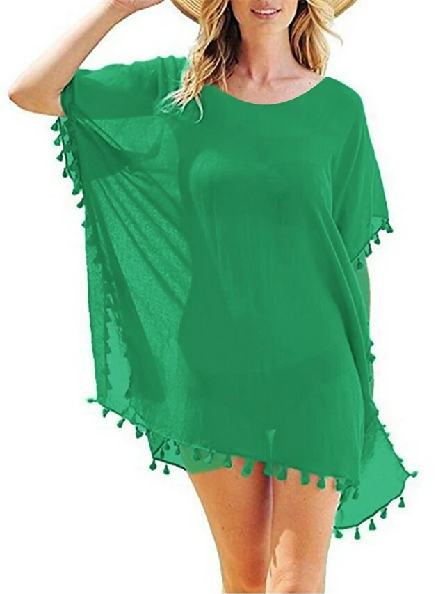 Women's Swimwear Cover Up Beach Dress Normal Swimsuit Tassel Pure Color Green White Gray Rosy Pink Wine V Wire Bathing Suits New Vacation Fashion /y / Modern 5 Women's Swimwear Cover Up Beach Dress Normal Swimsuit Tassel Pure Color Green White Gray Rosy Pink Wine V Wire Bathing Suits New Vacation Fashion /y / Modern - Image 3