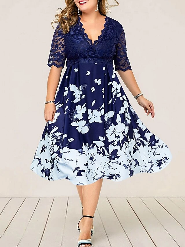 Women‘s Plus Size Curve Party Dress Floral V Neck Lace Half Sleeve Fall Spring Work Vintage Midi Dress Daily Vacation Dress Homecoming Dress Print 3 Women‘s Plus Size Curve Party Dress Floral V Neck Lace Half Sleeve Fall Spring Work Vintage Midi Dress Daily Vacation Dress Homecoming Dress Print
