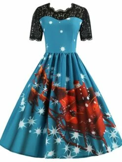 Women's Christmas Lace Dress Swing Dress Maxi Long Dress Claret Green Blue Purple Red Rose Red Short Sleeve Santa Claus Print Lace Patchwork Winter Fall Crew Neck Vintage Fashion Elegant 2022 S M L -LIGHTINTHEBOX Shop xwqsxo1666258508988