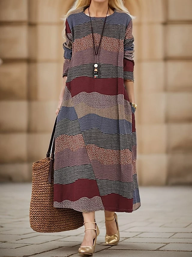 Women's Casual Dress Cotton Linen Dress Loose Dress Midi Dress Cotton Basic Classic Outdoor Daily Vacation Crew Neck Print Long Sleeve Spring Fall Winter 2023 Loose Fit Wine Brown Striped M L XL 2XL 3 Women's Casual Dress Cotton Linen Dress Loose Dress Midi Dress Cotton Basic Classic Outdoor Daily Vacation Crew Neck Print Long Sleeve Spring Fall Winter 2023 Loose Fit Wine Brown Striped M L XL 2XL