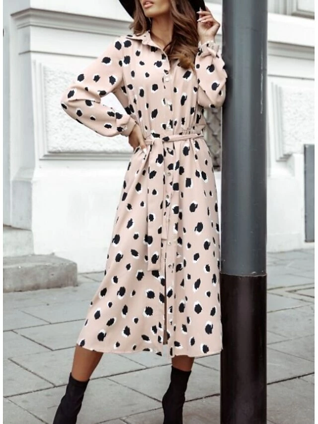 Women's Sheath Dress Midi Dress Black Yellow Light Brown Long Sleeve Polka Dot Split Winter Fall Autumn Shirt Collar Winter Dress Fall Dress Loose Fit S M L XL XXL 9 Women's Sheath Dress Midi Dress Black Yellow Light Brown Long Sleeve Polka Dot Split Winter Fall Autumn Shirt Collar Winter Dress Fall Dress Loose Fit S M L XL XXL - Image 7