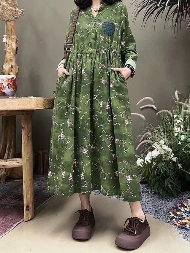 Women's Casual Dress Cotton Linen Dress Swing Dress Maxi Long Dress Linen Cotton Blend Daily Casual Outdoor Daily Vacation Split Neck Button Print Long Sleeve Spring Fall Winter 2023 Loose Fit Wine 4 Women's Casual Dress Cotton Linen Dress Swing Dress Maxi Long Dress Linen Cotton Blend Daily Casual Outdoor Daily Vacation Split Neck Button Print Long Sleeve Spring Fall Winter 2023 Loose Fit Wine - Image 2