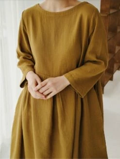 Women's Cotton Linen Dress Casual Dress Swing Dress Maxi Long Dress Cotton Blend Basic Classic Outdoor Daily Crew Neck Pocket Smocked Long Sleeve Summer Spring Fall 2023 Loose Fit Black Yellow Green -LIGHTINTHEBOX Shop xzeqmn1673850082958