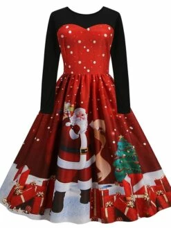 Women's Christmas Swing Dress Midi Dress Black Long Sleeve Santa Claus Print Winter Fall Autumn Crew Neck Modern 2022 S M L XL 2XL 3XL