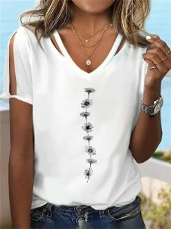 Women's T Shirt Tee Black White Blue Floral Cut Out Print Short Sleeve Holiday Weekend Basic V Neck Regular Fit Floral Painting -LIGHTINTHEBOX Shop yanvuk1687619187187