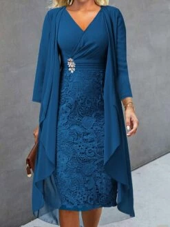 Women's Two Piece Dress Set Casual Dress Lace Dress Outdoor Daily Fashion Elegant Lace Patchwork Midi Dress V Neck Long Sleeve Plain Regular Fit Wine Blue Sky Blue Fall Winter S M L XL XXL -LIGHTINTHEBOX Shop yaqcyr1694057201216