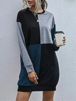 Women's Casual Dress Hoodie Dress Mini Dress Fashion Daily Outdoor Home Vacation Crew Neck Patchwork Print Loose Fit Blue Army Green Dark Gray S M L XL -LIGHTINTHEBOX Shop yaurcw1693535795757
