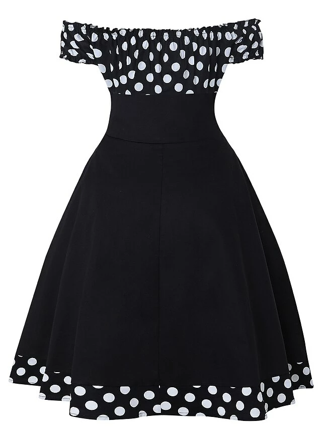 Women‘s Christmas Swing Dress Vintage Dress Midi Dress Black Red Short Sleeve Polka Dot Ruched Fall Spring Summer Off Shoulder Vintage Style Vacation Weekend 2022 S M L XL XXL 6 Women‘s Christmas Swing Dress Vintage Dress Midi Dress Black Red Short Sleeve Polka Dot Ruched Fall Spring Summer Off Shoulder Vintage Style Vacation Weekend 2022 S M L XL XXL - Image 4