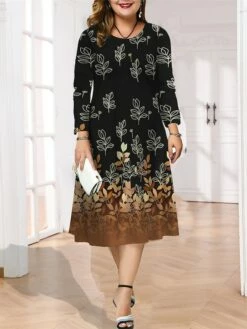 Women's Plus Size Curve Casual Dress Skater Dress A Line Dress Leaf Gradient Midi Dress Long Sleeve Print Crew Neck Fashion Outdoor Deep Purple Deep Green Fall Winter L XL XXL 3XL 4XL