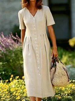 Women's Casual Dress Cotton Linen Dress Midi Dress Cotton Blend Fashion Modern Outdoor Office Daily V Neck Button Short Sleeve Summer Spring 2023 Loose Fit Khaki Plain S M L XL 2XL