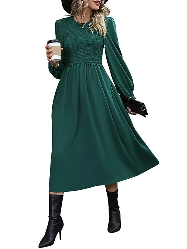 Women's Work Dress Casual Dress Swing Dress Fashion Office Daily Workfashion Midi Dress Ruched Crew Neck Long Sleeve Plain Slim Green Fall Winter S M L XL 5 Women's Work Dress Casual Dress Swing Dress Fashion Office Daily Workfashion Midi Dress Ruched Crew Neck Long Sleeve Plain Slim Green Fall Winter S M L XL - Image 3