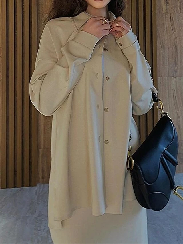 Women's Two Piece Dress Set Casual Dress Skirt Set Outdoor Daily Fashion Streetwear Button Pocket Long Dress Maxi Dress Shirt Collar Long Sleeve Plain Loose Fit Brown Green Beige Fall Winter S M L XL 8 Women's Two Piece Dress Set Casual Dress Skirt Set Outdoor Daily Fashion Streetwear Button Pocket Long Dress Maxi Dress Shirt Collar Long Sleeve Plain Loose Fit Brown Green Beige Fall Winter S M L XL - Image 6