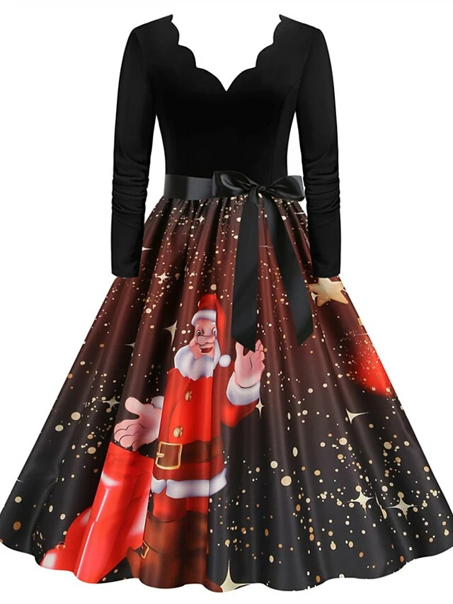 Women's Christmas Party Dress Swing DressKnee Length Dress Green Purple Wine Red Black Long Sleeve Santa Claus Elk Snowman Print Fall Winter V Neck Vintage Party Elegant Party 2022 S M L XL XXL 3XL 10 Women's Christmas Party Dress Swing DressKnee Length Dress Green Purple Wine Red Black Long Sleeve Santa Claus Elk Snowman Print Fall Winter V Neck Vintage Party Elegant Party 2022 S M L XL XXL 3XL - Image 8