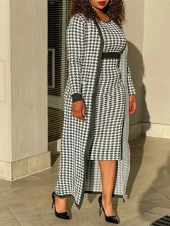 Women's Two Piece Dress Set Casual Dress Sheath Dress Daily Going Out Streetwear Modern Print Midi Dress Crew Neck Long Sleeve Houndstooth Regular Fit Black Fall Winter S M L XL XXL -LIGHTINTHEBOX Shop yctumu1695194334983