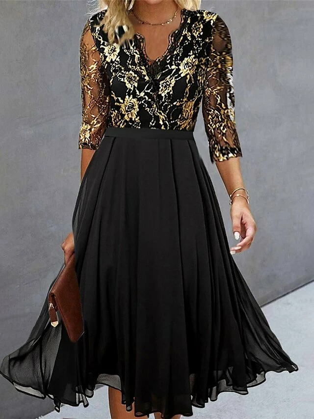 Women's Party Dress Lace Dress Cocktail Dress Midi Dress Black 3/4 Length Sleeve Pure Color Lace Spring Fall Winter V Neck Fashion Wedding Guest Vacation 2023 S M L XL XXL 3XL 5 Women's Party Dress Lace Dress Cocktail Dress Midi Dress Black 3/4 Length Sleeve Pure Color Lace Spring Fall Winter V Neck Fashion Wedding Guest Vacation 2023 S M L XL XXL 3XL - Image 3