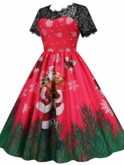 Women's Christmas Swing Dress Vintage DressKnee Length Dress Green Wine Dark Green Fuchsia Red Black Short Sleeve Santa Claus Snowman Snowflake Lace Print Fall Winter V Neck Vacation Vintage 2022 S -LIGHTINTHEBOX Shop yfkdbo1665293369618