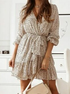 Women's Casual Dress Floral Dress Apricot Long Sleeve Floral Lace Up Winter Fall Autumn V Neck Modern Winter Dress Fall Dress 2022 S M L