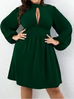 Women's Plus Size Curve Casual Dress A Line Dress Knit Dress Solid Color Midi Dress Long Sleeve Ruched Cut Out Stand Collar Fashion Outdoor Green Fall Winter XL XXL 3XL -LIGHTINTHEBOX Shop ygdznj1697706406433