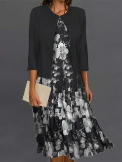 Women's Two Piece Dress Set Casual Dress Swing Dress Outdoor Office Fashion Streetwear Print Midi Dress Crew Neck 3/4 Length Sleeve Floral Regular Fit Black Purple Green Fall Winter S M L XL XXL -LIGHTINTHEBOX Shop ygwtxm1695364271332