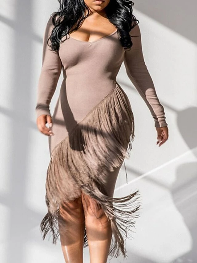 Women‘s Party Dress Wedding Guest Dress Fringe Dress Bodycon Midi Dress Black White Red Long Sleeve Pure Color Tassel Fringe Spring Fall Winter V Neck Fashion Winter Dress Vacation 2022 S M L XL XXL 19 Women‘s Party Dress Wedding Guest Dress Fringe Dress Bodycon Midi Dress Black White Red Long Sleeve Pure Color Tassel Fringe Spring Fall Winter V Neck Fashion Winter Dress Vacation 2022 S M L XL XXL - Image 17