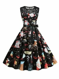 Women‘s Christmas Retro 1950s Vintage Dress Midi Dress Party Patchwork Bow Santa Claus Crew Neck Sleeveless Regular Fit Fall Winter 2023 Black White S M L XL -LIGHTINTHEBOX Shop yjgdqq1694501415439