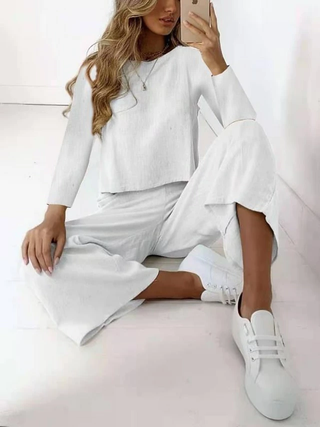 Women's Shirt Pants Sets Black White Brown Plain Long Sleeve Casual Daily Daily Basic Round Neck Regular Fit Fall & Winter 3 Women's Shirt Pants Sets Black White Brown Plain Long Sleeve Casual Daily Daily Basic Round Neck Regular Fit Fall & Winter