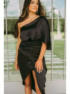 Women‘s Wedding Guest Dress Party Dress Satin Dress Midi Dress Green Black Gold Orange Navy Blue Short Sleeve Solid Color Ruched Spring Summer Off Shoulder Elegant & Luxurious 2022 S M L XL