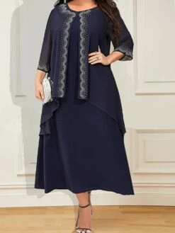Women's Plus Size Curve Party Dress Two Piece Dress Chiffon Dress Plain Long Dress Maxi Dress 3/4 Length Sleeve Crew Neck Fashion Party Dark Blue Fall Winter L XL XXL 3XL 4XL