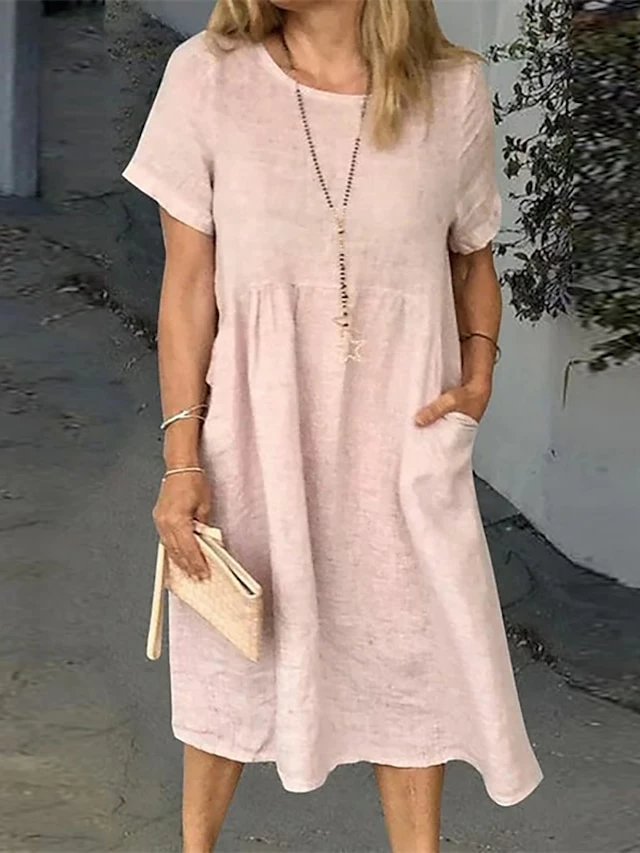 Women's Casual Dress Cotton Linen Dress Shift Dress Midi Dress Cotton Blend Basic Casual Daily Holiday Vacation Crew Neck Pocket Short Sleeve Summer Spring 2023 Loose Fit White Pink Blue Pure Color S 5 Women's Casual Dress Cotton Linen Dress Shift Dress Midi Dress Cotton Blend Basic Casual Daily Holiday Vacation Crew Neck Pocket Short Sleeve Summer Spring 2023 Loose Fit White Pink Blue Pure Color S - Image 3