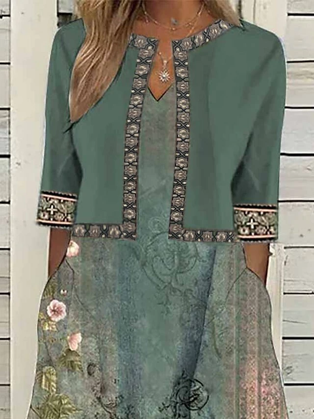 Women's Two Piece Dress Set Casual Dress Print Dress Outdoor Daily Vintage Elegant Pocket Print Midi Dress V Neck Half Sleeve Floral Regular Fit Green Summer Spring S M L XL XXL 5 Women's Two Piece Dress Set Casual Dress Print Dress Outdoor Daily Vintage Elegant Pocket Print Midi Dress V Neck Half Sleeve Floral Regular Fit Green Summer Spring S M L XL XXL - Image 3