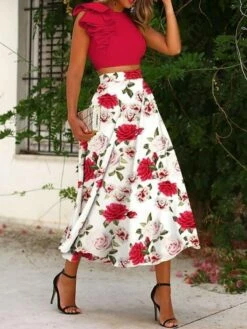Women's Blouse Skirt Sets Boho Streetwear Sexy Pink Red Cocktail Party Date Vacation Floral Print Maxi Skirt S M L XL Butterfly Sleeve