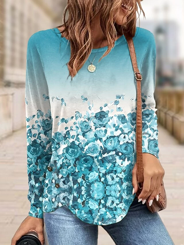 Women's T Shirt Tee Christmas Shirt Yellow Pink Blue Floral Print Long Sleeve Holiday Weekend Basic Christmas Round Neck Regular Fit Floral Painting Spring &Fall 5 Women's T Shirt Tee Christmas Shirt Yellow Pink Blue Floral Print Long Sleeve Holiday Weekend Basic Christmas Round Neck Regular Fit Floral Painting Spring &Fall - Image 3