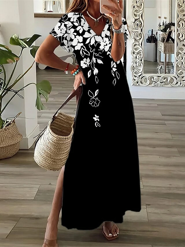 Women's Casual Dress A Line Dress Summer Dress Floral Split Print V Neck Long Dress Maxi Dress Fashion Streetwear Outdoor Daily Short Sleeve Regular Fit Black Wine Navy Blue Summer Spring S M L XL XXL 4 Women's Casual Dress A Line Dress Summer Dress Floral Split Print V Neck Long Dress Maxi Dress Fashion Streetwear Outdoor Daily Short Sleeve Regular Fit Black Wine Navy Blue Summer Spring S M L XL XXL - Image 2