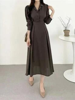 Women's Work Dress Semi Formal Dress A Line Dress Fashion Office Daily Workfashion Midi Dress Ruched Button Shirt Collar Long Sleeve Plain Loose Fit Black Brown Apricot Fall Winter S M L XL -LIGHTINTHEBOX Shop ynbwrk1695805445066