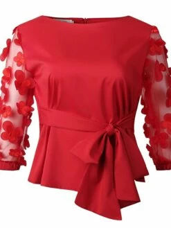 Women's Shirt Blouse Solid Color Lace Bow 3/4 Length Sleeve Work Daily Vintage Fashion Elegant Crew Neck Regular Fit Spring Fall -LIGHTINTHEBOX Shop ynuxtr1647402389980