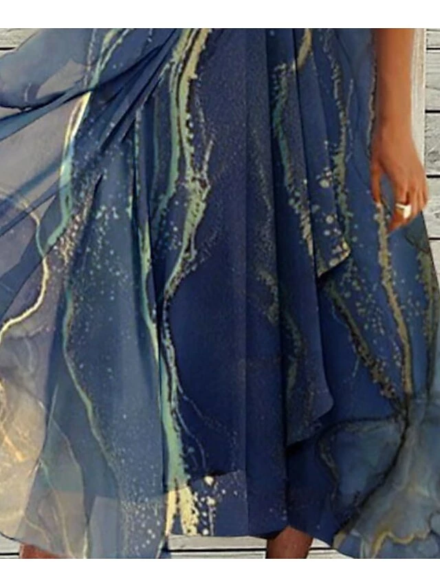 Women's Casual Dress Chiffon Dress Midi Dress Dark Blue Sleeveless Color Block Cold Shoulder Summer Spring One Shoulder Stylish 2023 S M L XL XXL 5 Women's Casual Dress Chiffon Dress Midi Dress Dark Blue Sleeveless Color Block Cold Shoulder Summer Spring One Shoulder Stylish 2023 S M L XL XXL - Image 3