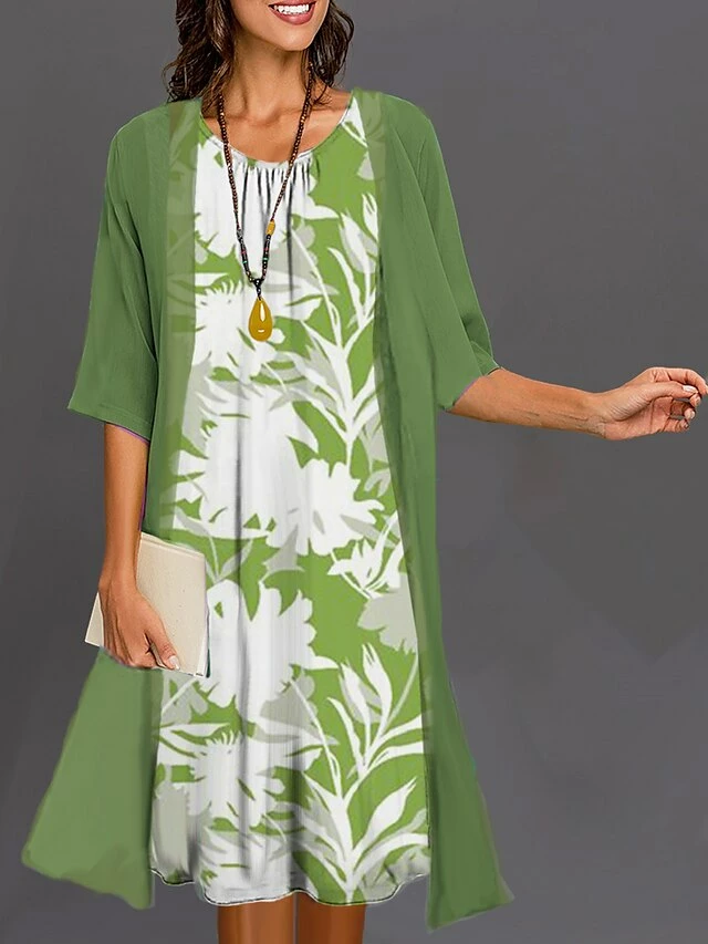 Women's Two Piece Dress Set Casual Dress Dress Set Outdoor Daily Fashion Elegant Print Midi Dress Crew Neck 3/4 Length Sleeve Floral Regular Fit White Blue Green Summer Spring S M L XL XXL 4 Women's Two Piece Dress Set Casual Dress Dress Set Outdoor Daily Fashion Elegant Print Midi Dress Crew Neck 3/4 Length Sleeve Floral Regular Fit White Blue Green Summer Spring S M L XL XXL - Image 2